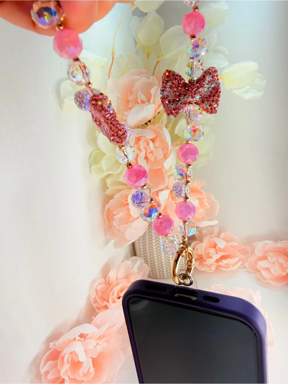 Emma Pink Beaded crystal Bow phone Keychain